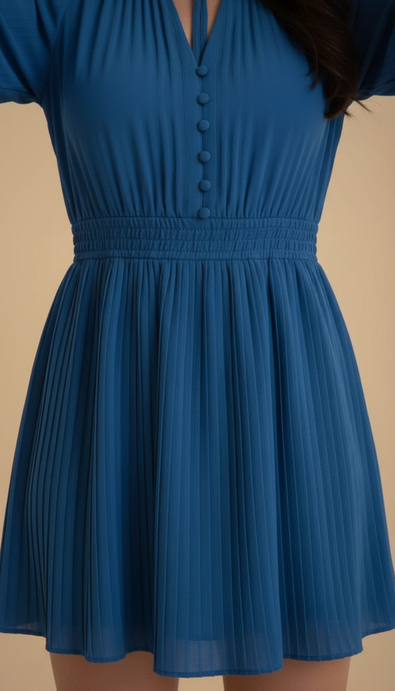 Blue V-Neck Pleated Button Details Mini Dress product image 4