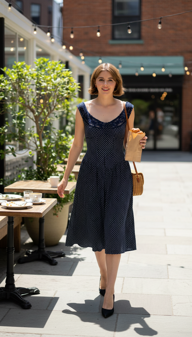 Navy Polka Dot Print V-Neck Lace Midi Dress product image 4