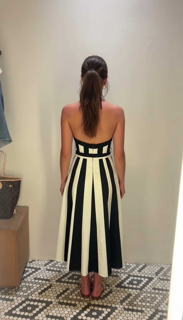 Black Striped Halter Striped Pattern Midi Dress product image 4