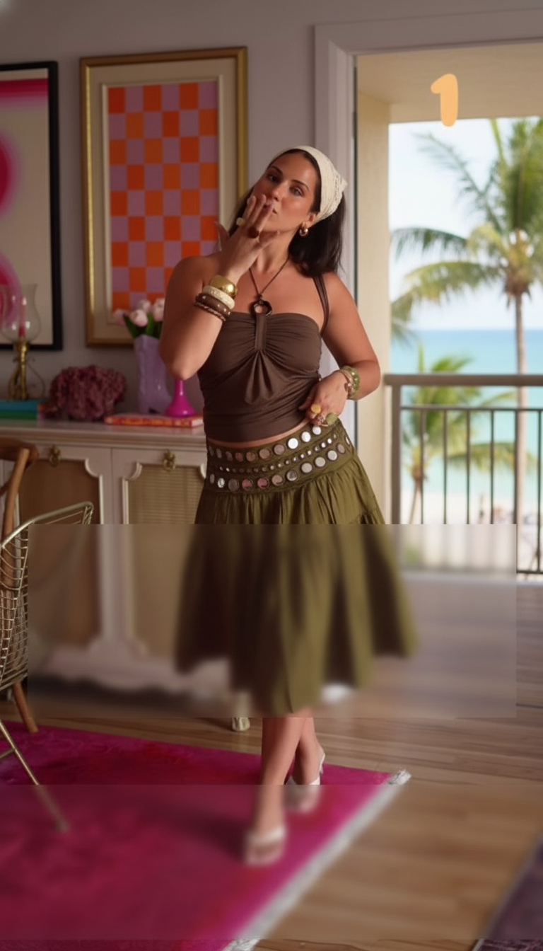 Olive Tiered Tiered Design Eyelet Belt Skirt Set product image 4