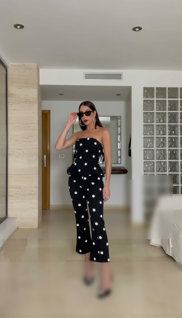 Black Polka Dot Print Cropped Peplum Top Pant Set product image 4