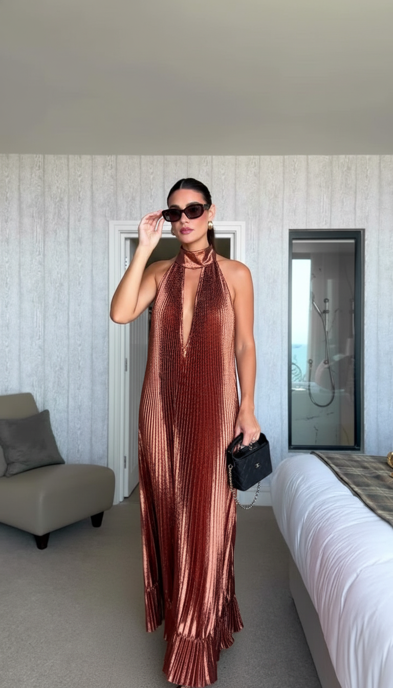 Copper Halter Pleated Satin Maxi Dress product image 4