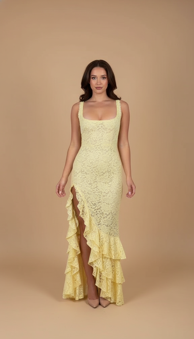 Yellow Ruffle Lace High Slit Maxi Dress product image 4