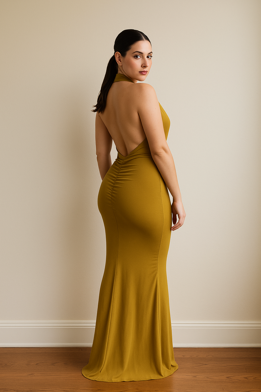 Mustard Backless Open-Back Halter Maxi Dress product image 4