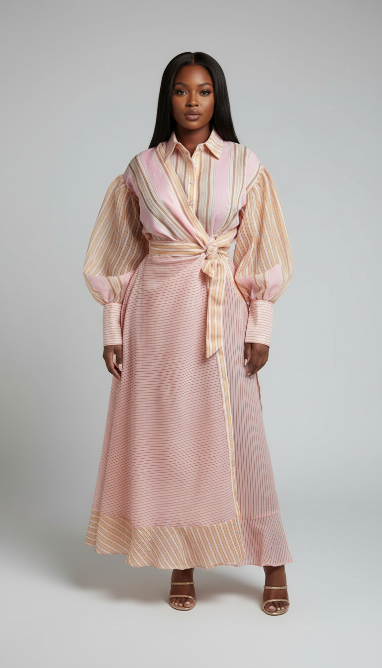 Pink Striped Tie Waist Button Front Midi Dress product image 4