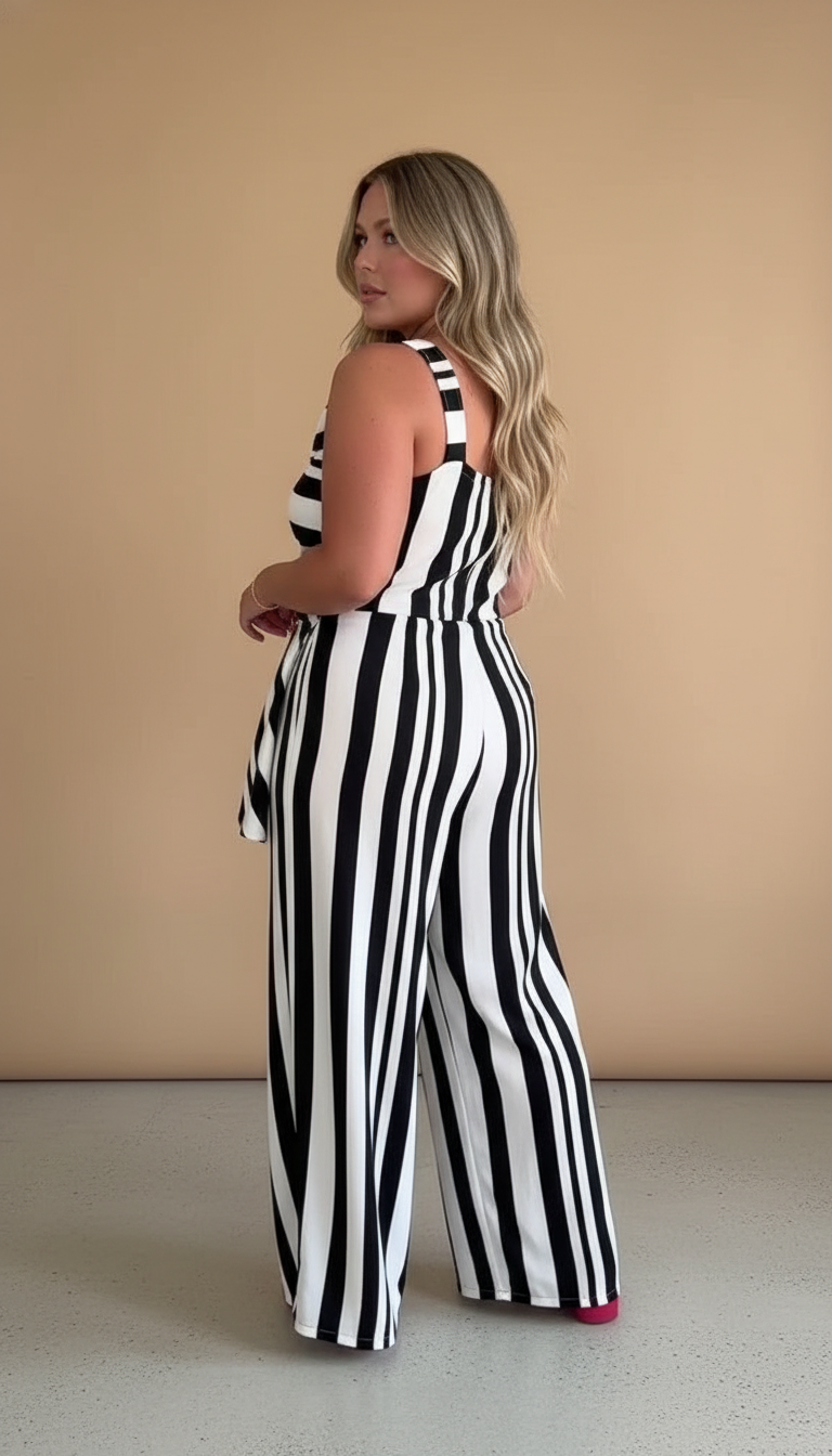 Black Striped Wide-Leg Asymmetrical Drape Wide-Leg Jumpsuit product image 4