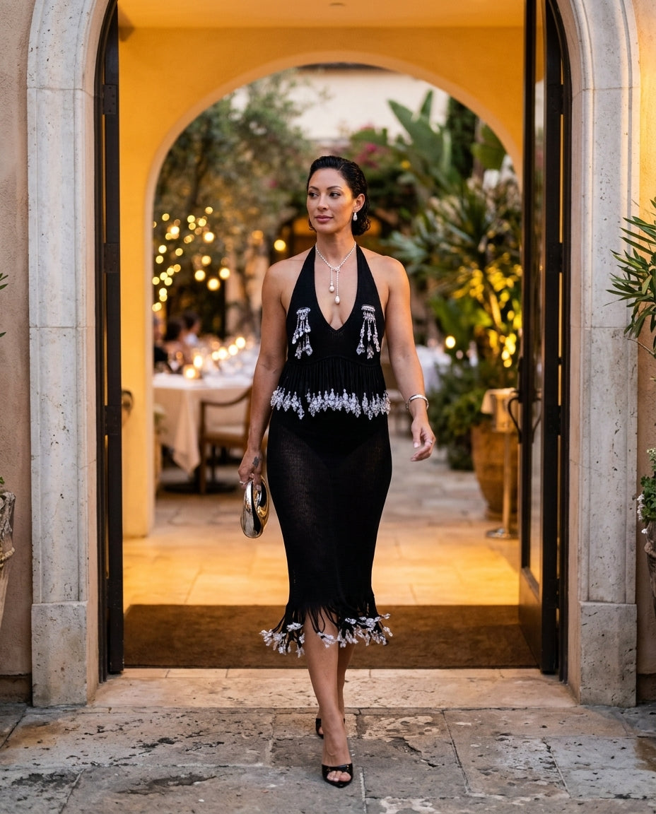 Black Charm Wedding Guest Sheer Jumpsuit Black Jumpsuit with Cropped silhouette and Ribbed Knit texture, outdoor styling image for Wedding Guest, a gallery evening, Fall current summer selling first with a light late-summer/pre-fall accent: make it wearab by Massicos