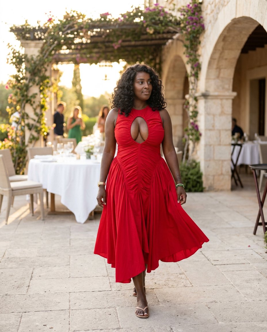 Red Aura Wedding Guest Ruched Maxi Dress Red Maxi Dress with Asymmetric silhouette and Textured texture, outdoor styling image for Wedding Guest, a gallery evening, Fall current summer selling first with a light late-summer/pre-fall accent: make it wearab by Massicos