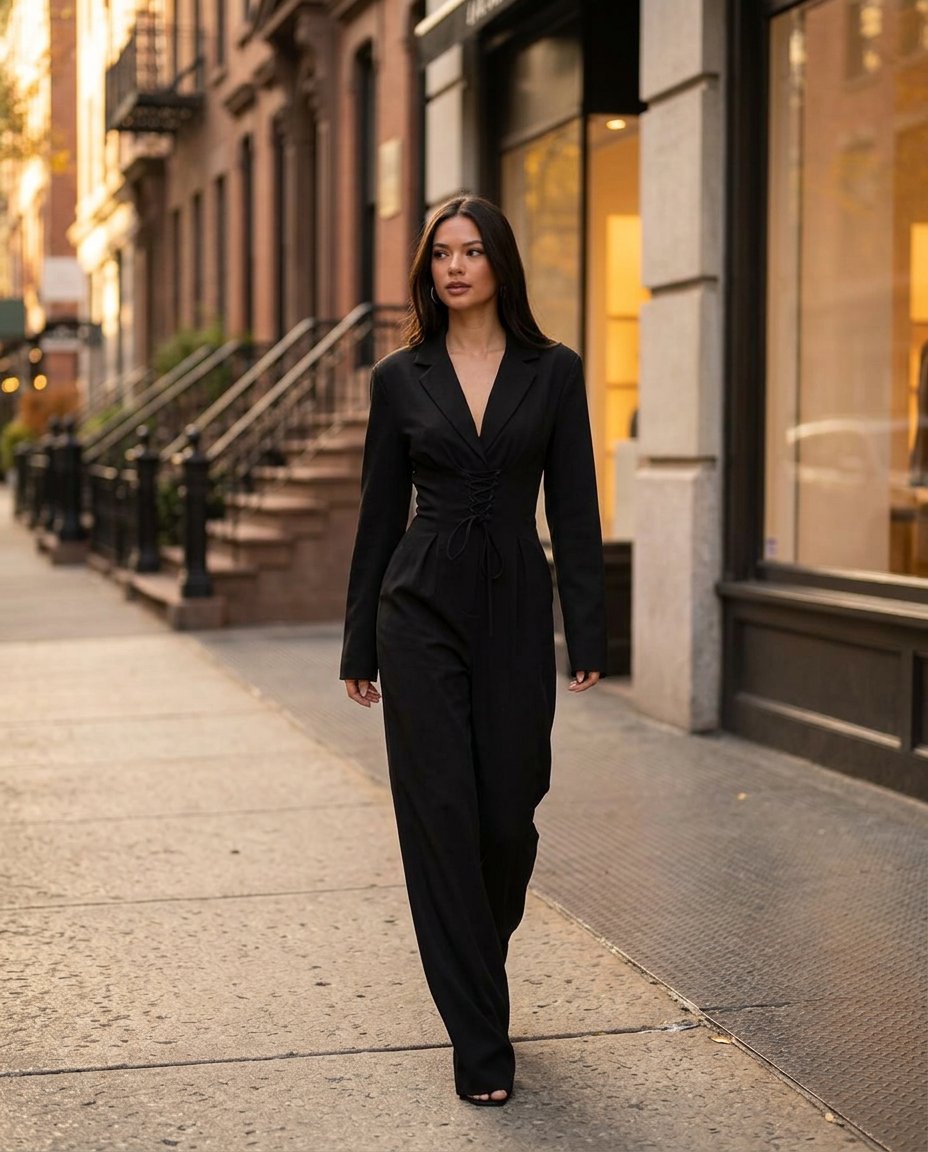 Black Bloom Wedding Guest Textured Jumpsuit Black Jumpsuit with Wide-Leg silhouette and Textured texture, outdoor styling image for Wedding Guest, a cafe plan, Fall current summer selling first with a light late-summer/pre-fall accent: make it wearable no by Massicos