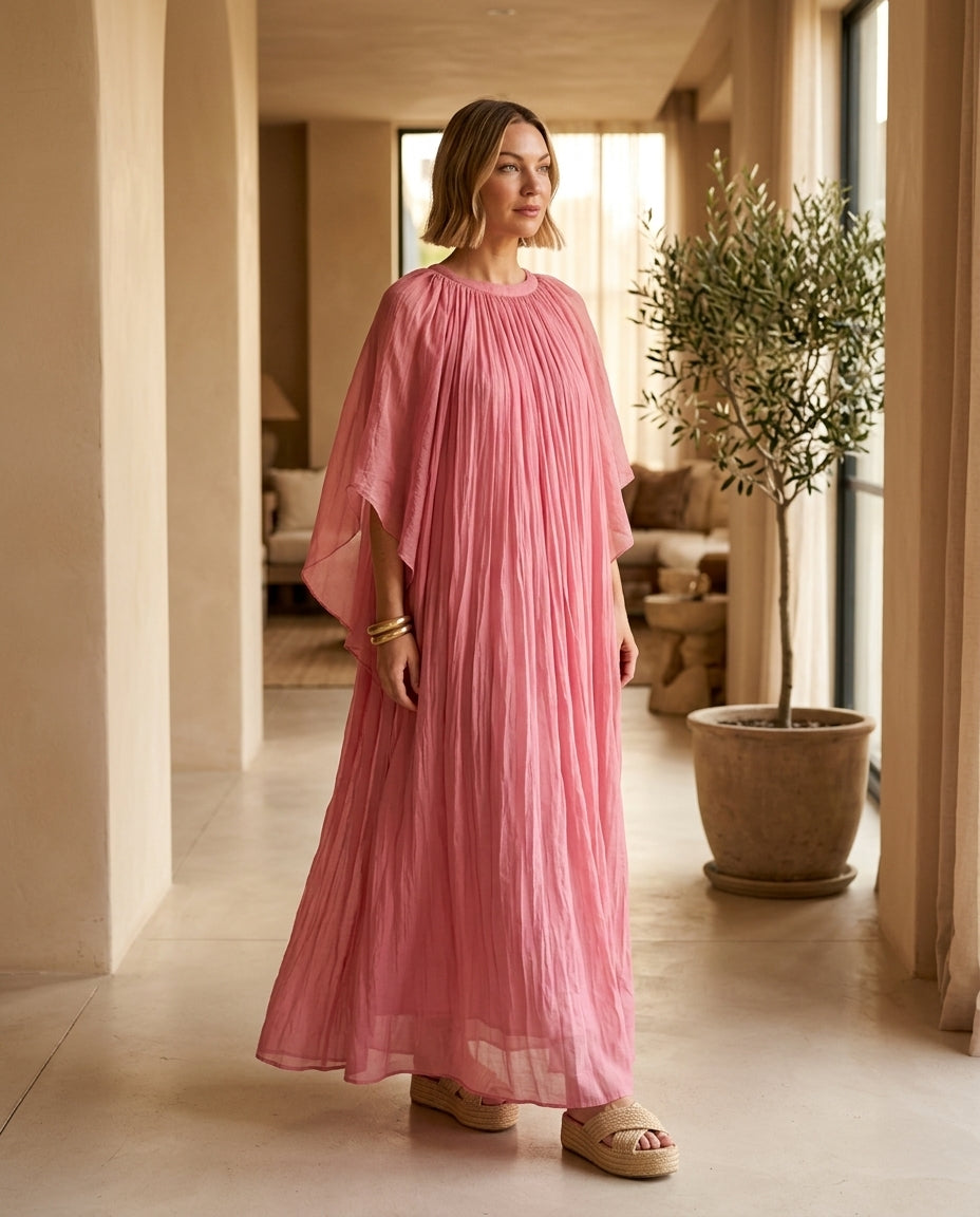 Pink Bloom Summer Pleated Maxi Dress Pink Maxi Dress with Asymmetric silhouette and Textured texture, outdoor styling image for Wedding Guest, a private garden lunch, US East / Hamptons Elite by Massicos