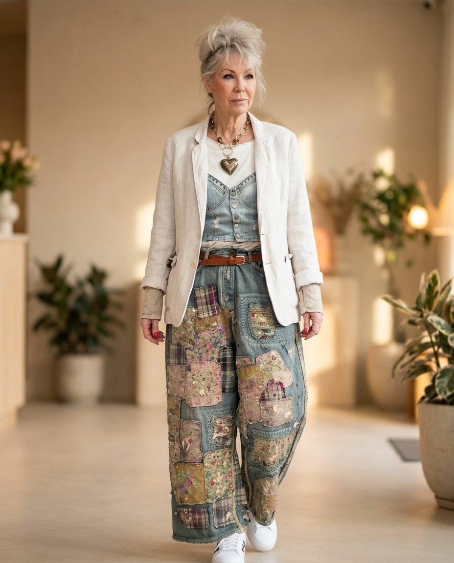 Denim Poise Summer Floral Pants Denim Pants with Wide-Leg silhouette and Textured texture, outdoor styling image for Business Casual, a Palm Springs weekend, US Coastal Glam by Massicos