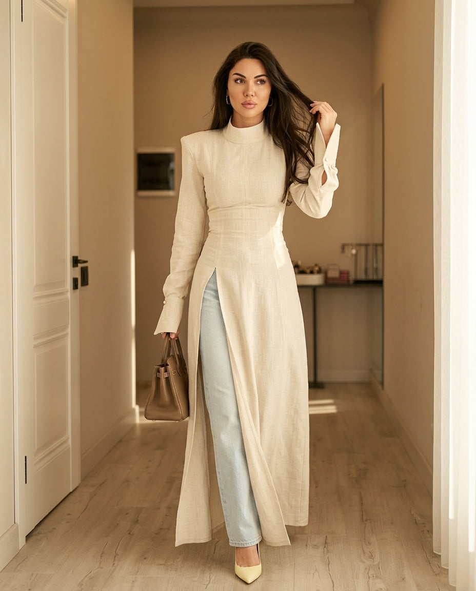 Ivory Velvet Summer Linen Maxi Dress Ivory Maxi Dress with Structured silhouette and Linen Blend texture, outdoor styling image for Vacation Evening, a polished coastal brunch, US East / Hamptons Elite by Massicos