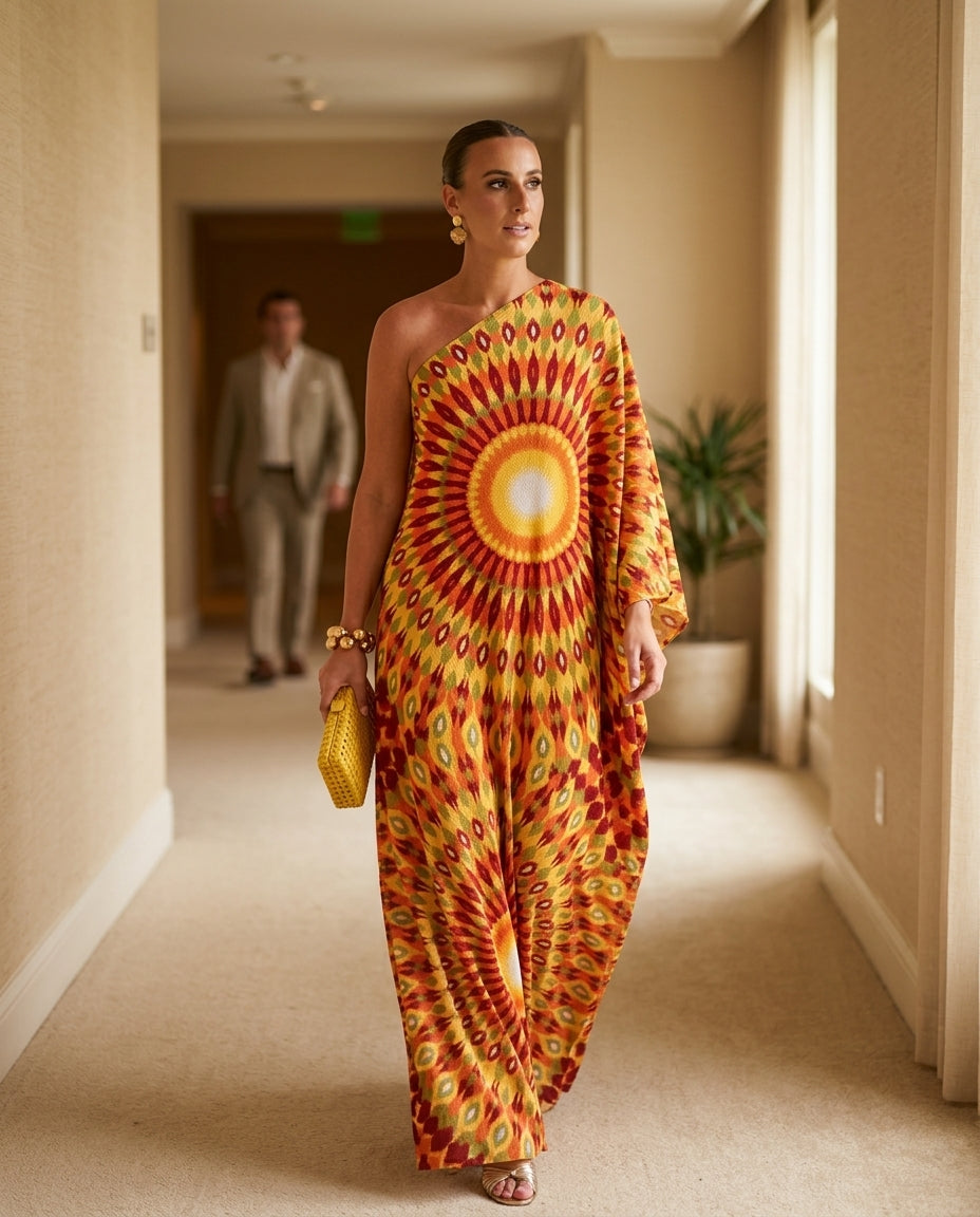 Butter Yellow Reverie Resort Printed Maxi Dress Butter Yellow Maxi Dress with Asymmetric silhouette and Textured texture, outdoor styling image for Resort Wear, a rooftop dinner in LA, US Coastal Glam by Massicos
