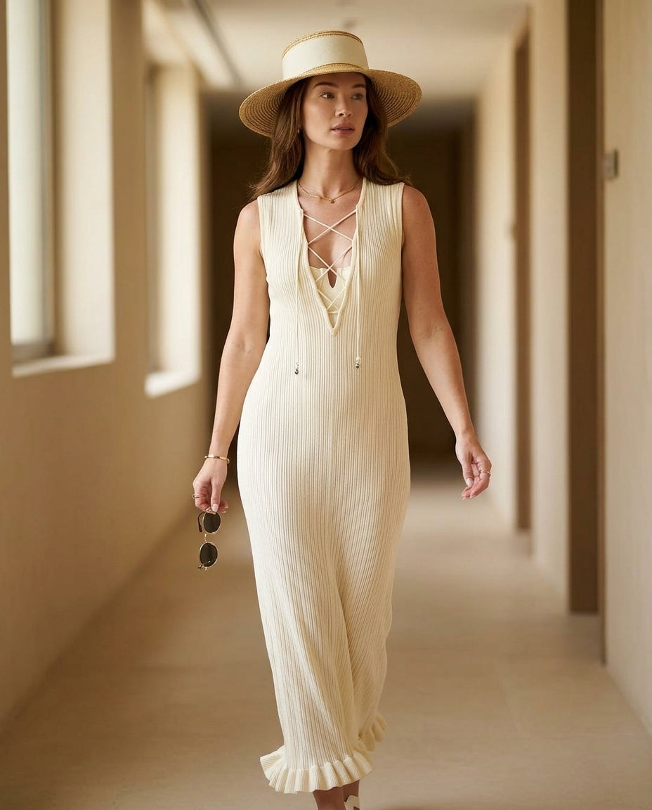 Ivory Solace Resort Lace Maxi Dress Ivory Maxi Dress with Relaxed Fit silhouette and Textured texture, outdoor styling image for Resort Wear, a London dinner reservation, Euro Chic Premium by Massicos