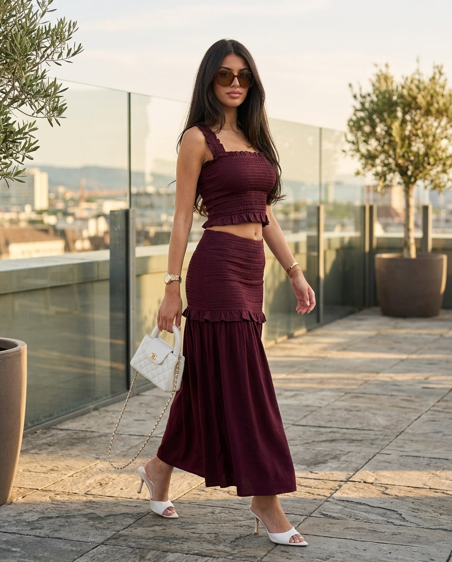 Burgundy Bloom Resort Printed Skirt Set Burgundy Skirt Set with Cropped silhouette and Linen Blend texture, outdoor styling image for Resort Wear, a gallery opening in Paris, Euro Chic Premium by Massicos
