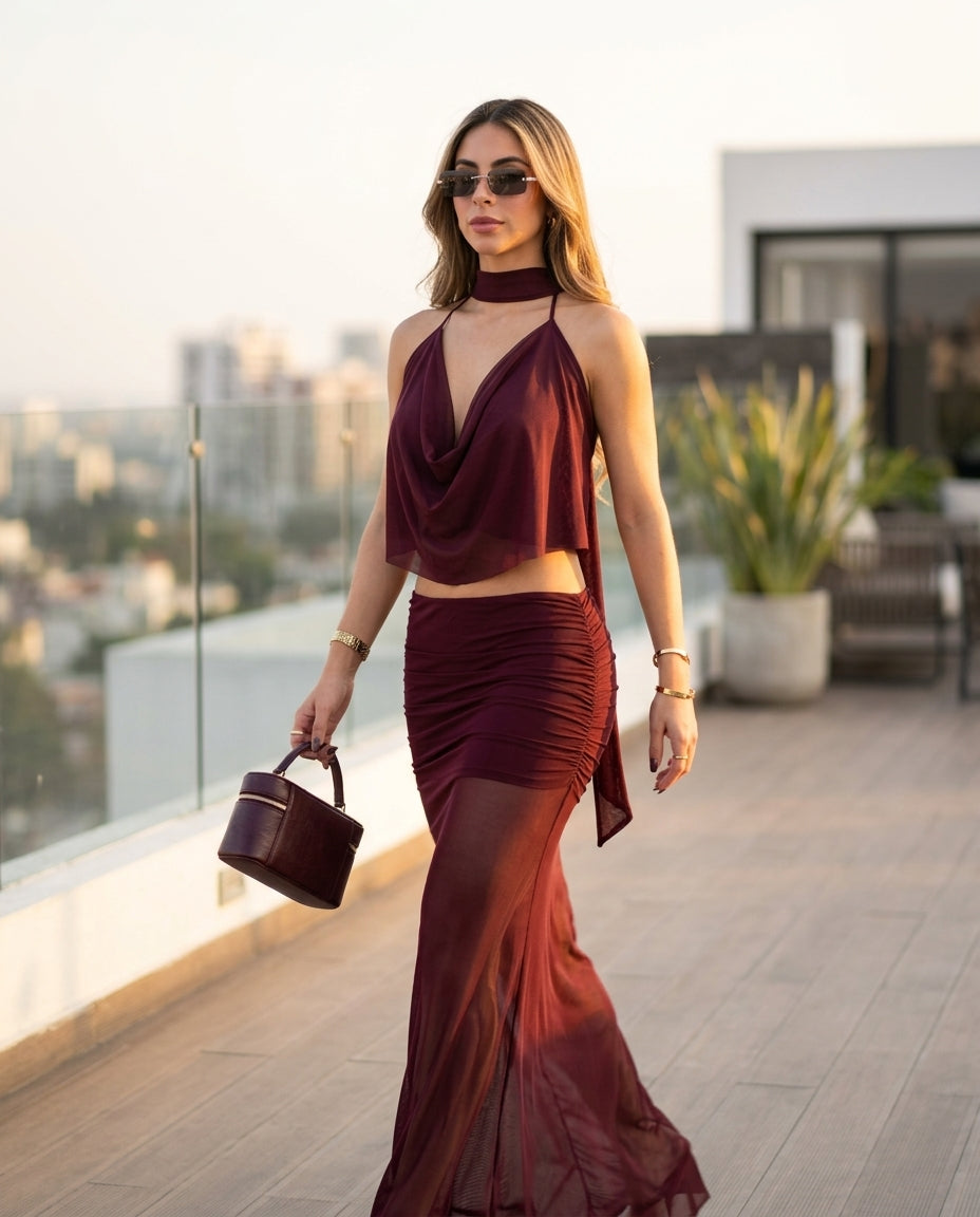 Burgundy Muse Evening Ruched Skirt Set Burgundy Skirt Set with Asymmetric silhouette and Textured texture, outdoor styling image for Date Night, an estate dinner at golden hour, US East / Hamptons Elite by Massicos
