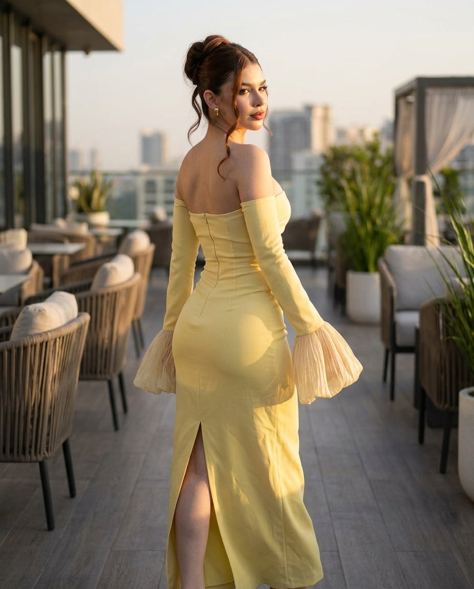 Butter Yellow Charm Summer Pleated Maxi Dress Butter Yellow Maxi Dress with Relaxed Fit silhouette and Textured texture, outdoor styling image for Rooftop Brunch, a rooftop dinner in LA, US Coastal Glam by Massicos