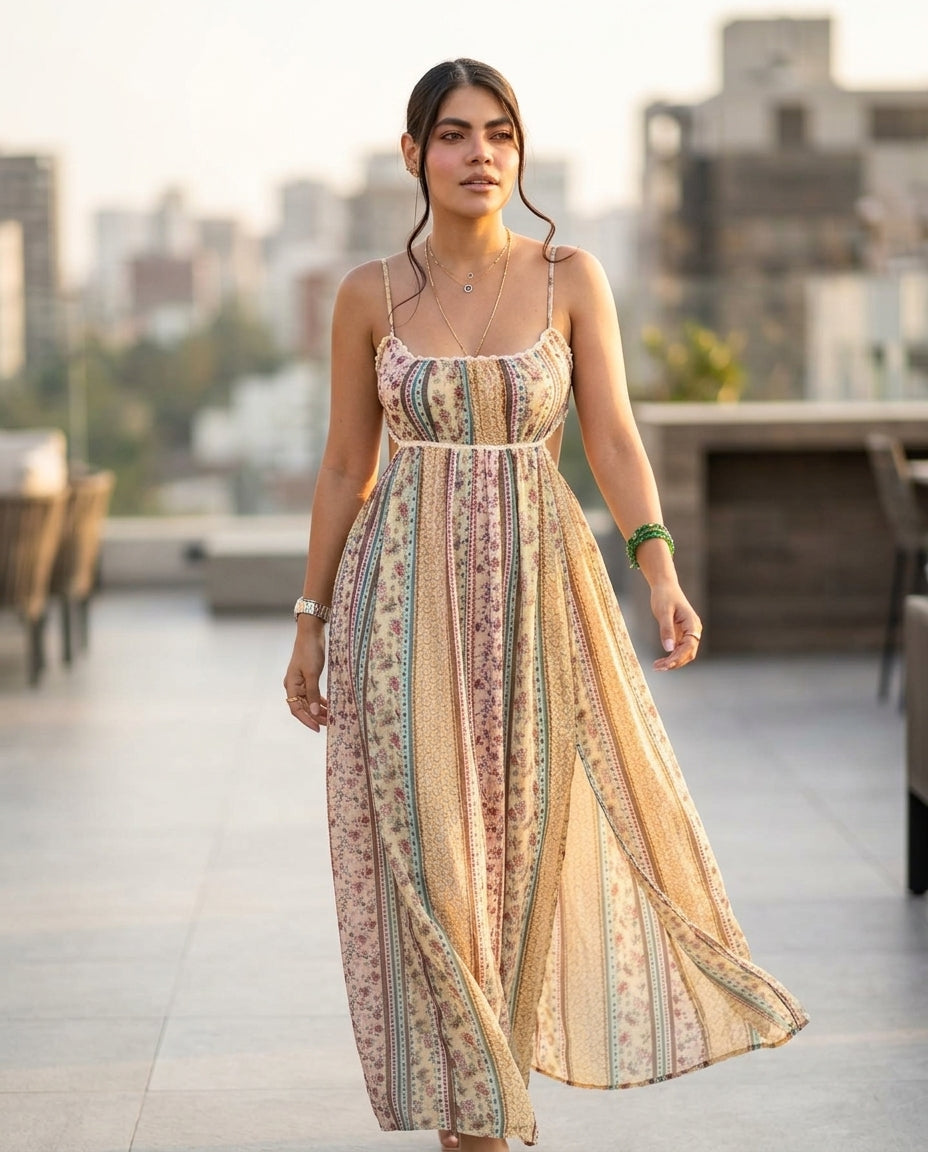 Butter Yellow Allure Resort Floral Maxi Dress Butter Yellow Maxi Dress with Relaxed Fit silhouette and Textured texture, outdoor styling image for Resort Wear, Sunset in Malibu, US Coastal Glam by Massicos