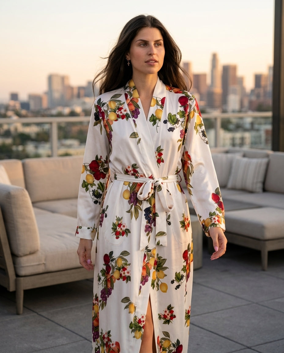 Ivory Aura Resort Printed Jacket Ivory Jacket with Asymmetric silhouette and Satin texture, outdoor styling image for Resort Wear, a London dinner reservation, Euro Chic Premium by Massicos