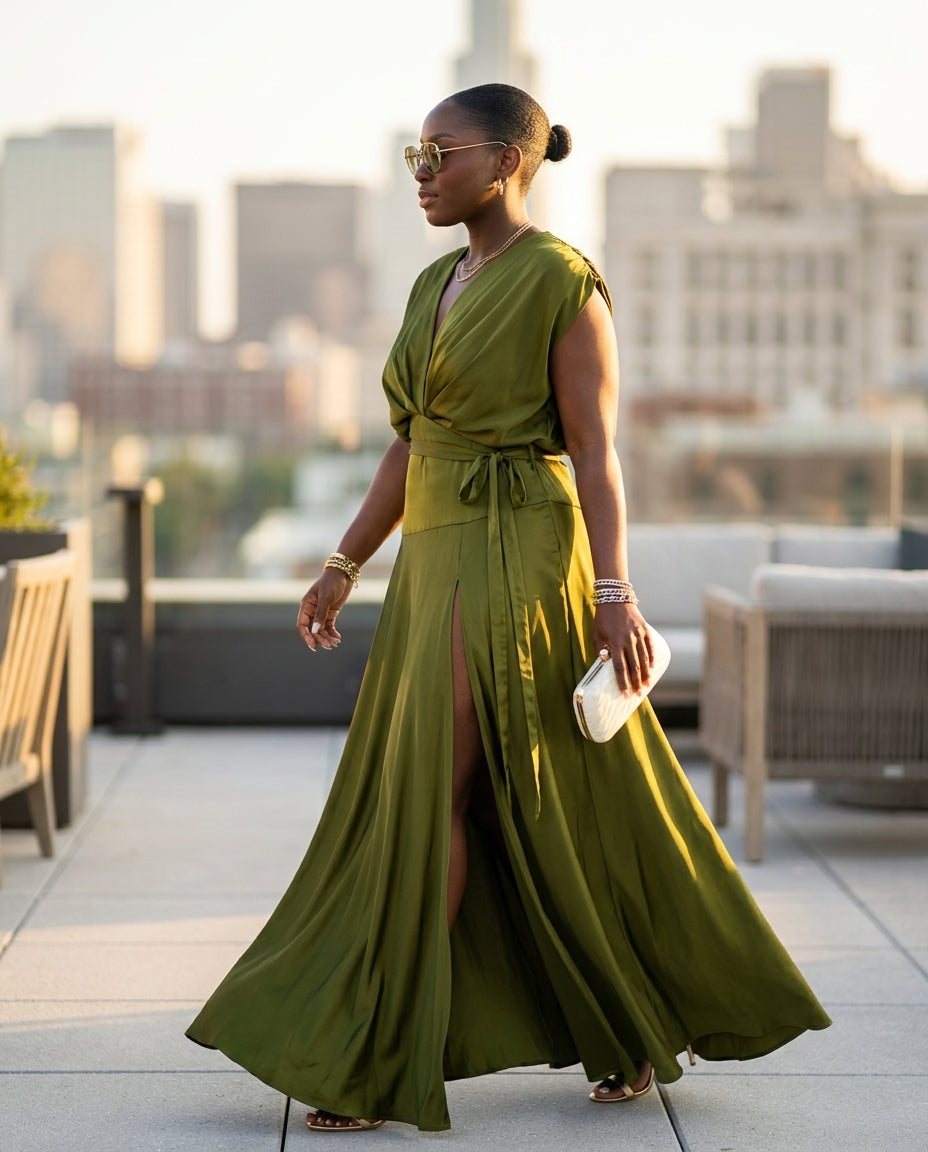 Olive Green Grace Summer Satin Maxi Dress Olive Green Maxi Dress with Asymmetric silhouette and Satin texture, outdoor styling image for Resort Dinner, Brunch in SoHo, US Coastal Glam by Massicos