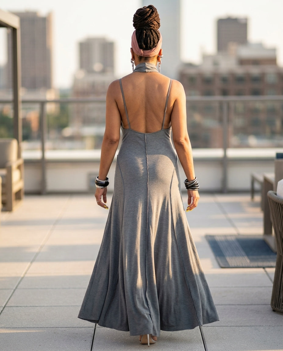 Grey Muse Summer Maxi Dress Grey Maxi Dress with Asymmetric silhouette and Ribbed Knit texture, outdoor styling image for Vacation Evening, a Palm Springs weekend, US Coastal Glam by Massicos