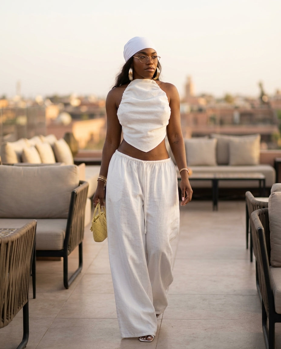 Ivory Whisper Summer Two-Piece Set Ivory Two-Piece Set with Asymmetric silhouette and Textured texture, outdoor styling image for Summer Getaway, Sunset in Malibu, US Coastal Glam by Massicos
