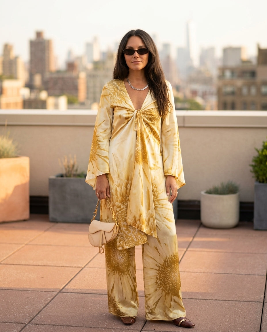 Light Yellow Charm Resort Floral Pant Set Light Yellow Pant Set with Wide-Leg silhouette and Satin texture, outdoor styling image for Resort Wear, Evening in Amalfi, Euro Chic Premium by Massicos