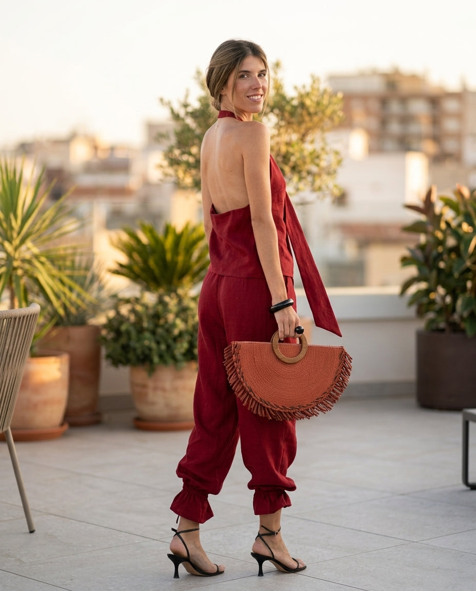 Red Charm Resort Ruffled Pant Set Red Pant Set with Relaxed Fit silhouette and Linen Blend texture, outdoor styling image for Resort Wear, a polished coastal brunch, US East / Hamptons Elite by Massicos