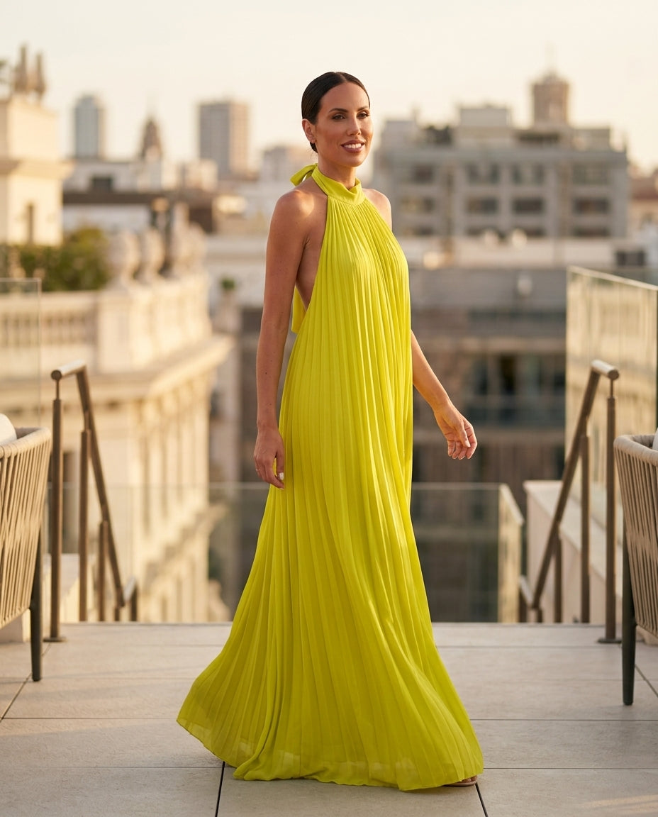 Lime Lustre Resort Printed Maxi Dress Lime Maxi Dress with Asymmetric silhouette and Textured texture, outdoor styling image for Resort Wear, a Palm Springs weekend, US Coastal Glam by Massicos