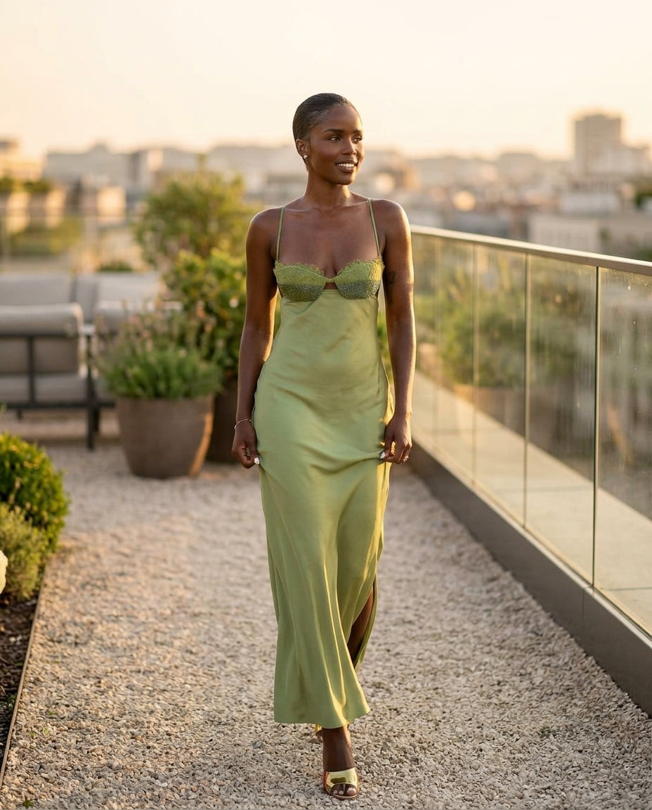 Olive Green Whisper Evening Lace Maxi Dress Olive Green Maxi Dress with Relaxed Fit silhouette and Satin texture, outdoor styling image for Date Night, a Palm Springs weekend, US Coastal Glam by Massicos