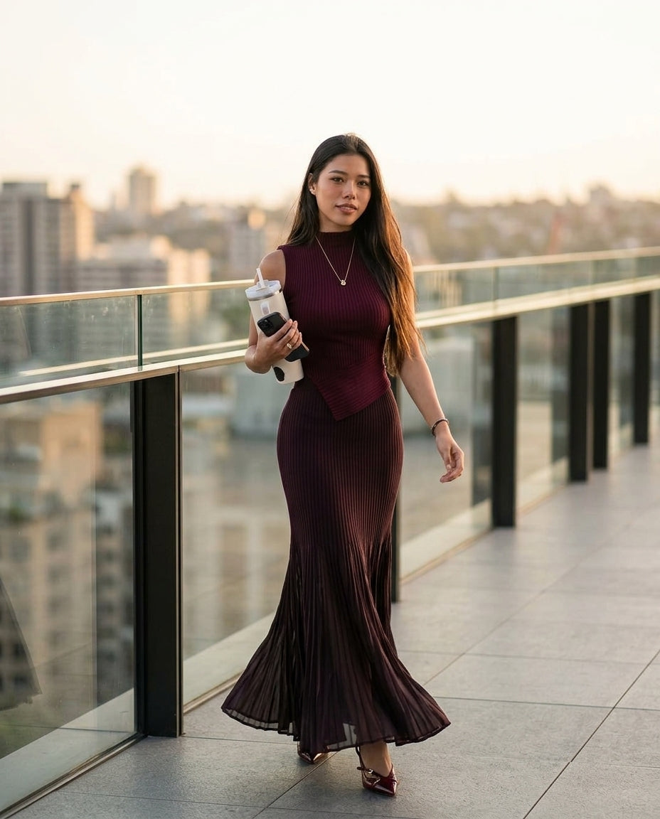 Burgundy Poise Summer Pleated Maxi Dress Burgundy Maxi Dress with Asymmetric silhouette and Ribbed Knit texture, outdoor styling image for Resort Dinner, a private garden lunch, US East / Hamptons Elite by Massicos