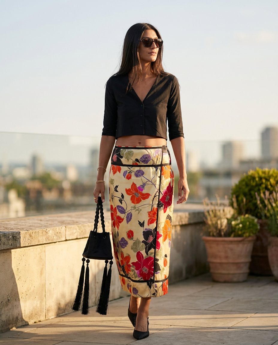 Black Whisper Summer Floral Two-Piece Set Black Two-Piece Set with Asymmetric silhouette and Textured texture, outdoor styling image for Beach Dinner, Coffee in Marais, Euro Chic Premium by Massicos