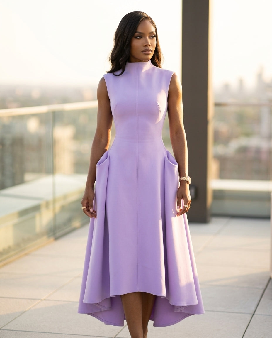 Lavender Gleam Summer Maxi Dress Lavender Maxi Dress with Asymmetric silhouette and Ribbed Knit texture, outdoor styling image for Resort Dinner, Evening in Amalfi, Euro Chic Premium by Massicos