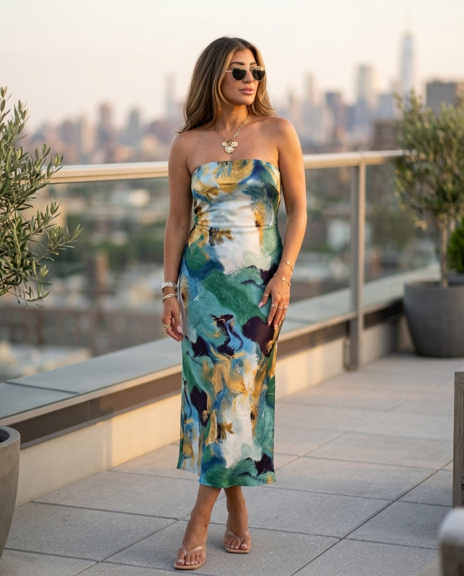 Sage Bloom Resort Abstract Print Romper Sage Romper with Relaxed Fit silhouette and Satin texture, outdoor styling image for Resort Wear, a polished coastal brunch, US East / Hamptons Elite by Massicos