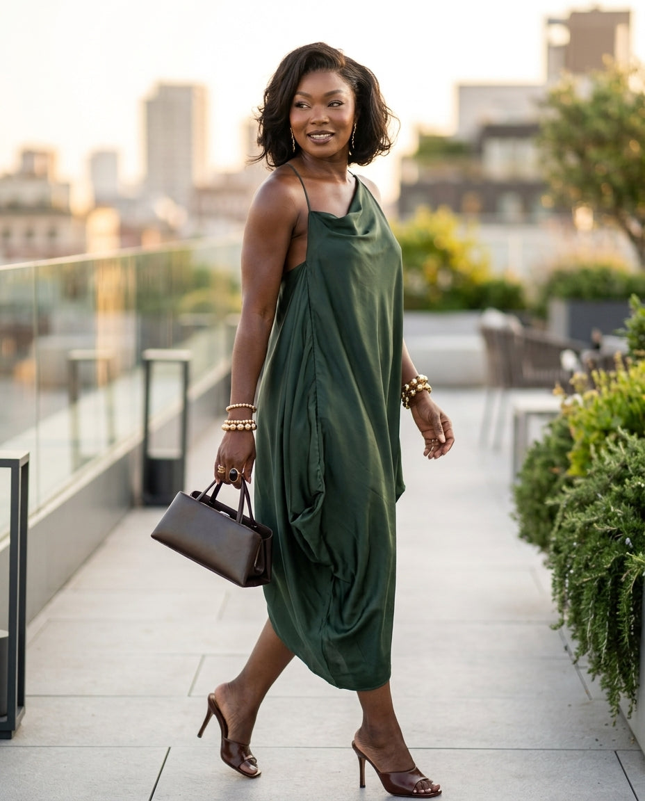 Dark Green Velvet Resort Satin Maxi Dress Dark Green Maxi Dress with Asymmetric silhouette and Satin texture, outdoor styling image for Resort Wear, a gallery opening in Paris, Euro Chic Premium by Massicos