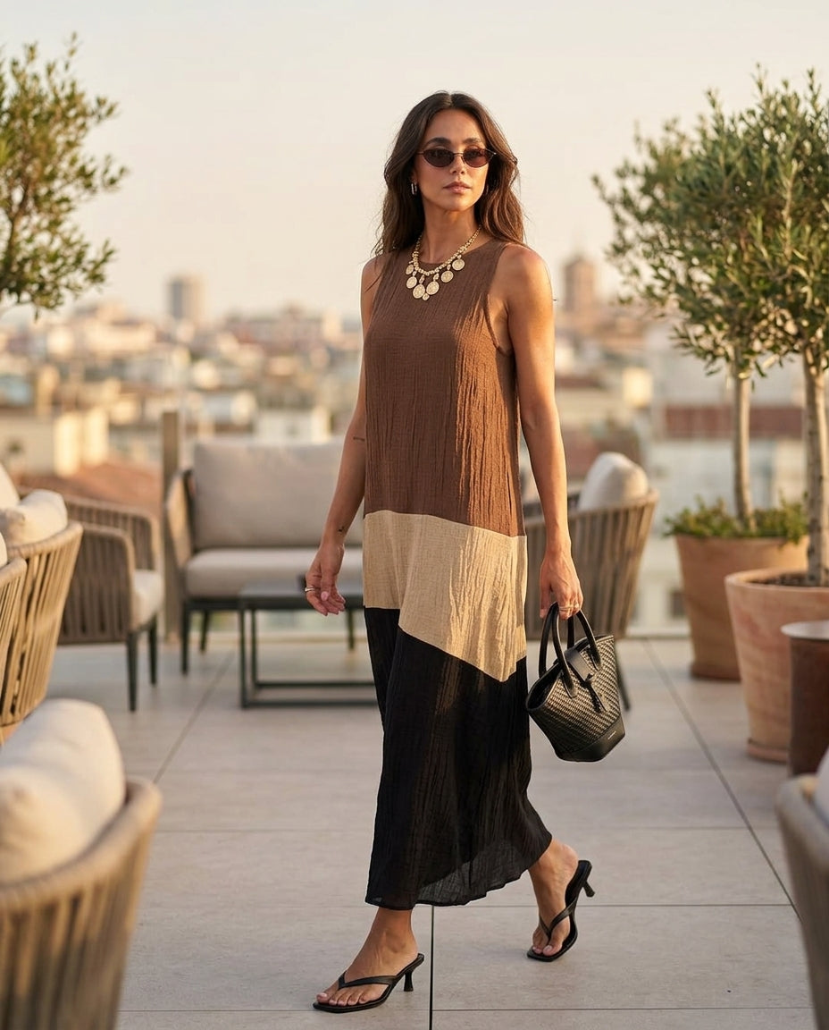 Brown Charm Resort Textured Maxi Dress Brown Maxi Dress with Asymmetric silhouette and Textured texture, outdoor styling image for Resort Wear, an estate dinner at golden hour, US East / Hamptons Elite by Massicos