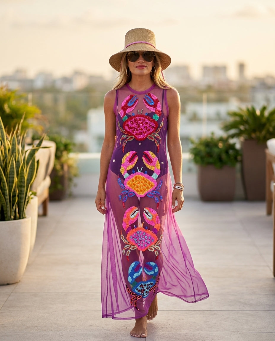 Lilac Poise Resort Embroidered Maxi Dress Lilac Maxi Dress with Asymmetric silhouette and Textured texture, outdoor styling image for Resort Wear, Sunset in Malibu, US Coastal Glam by Massicos