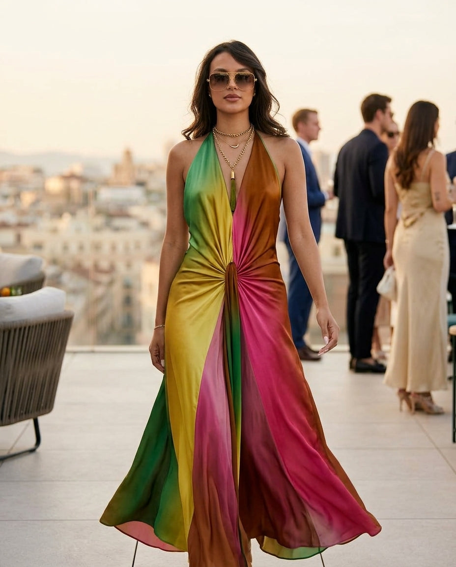 Pink Velvet Summer Halter Maxi Dress Pink Maxi Dress with Relaxed Fit silhouette and Textured texture, outdoor styling image for Resort Dinner, Sunset in Malibu, US Coastal Glam by Massicos