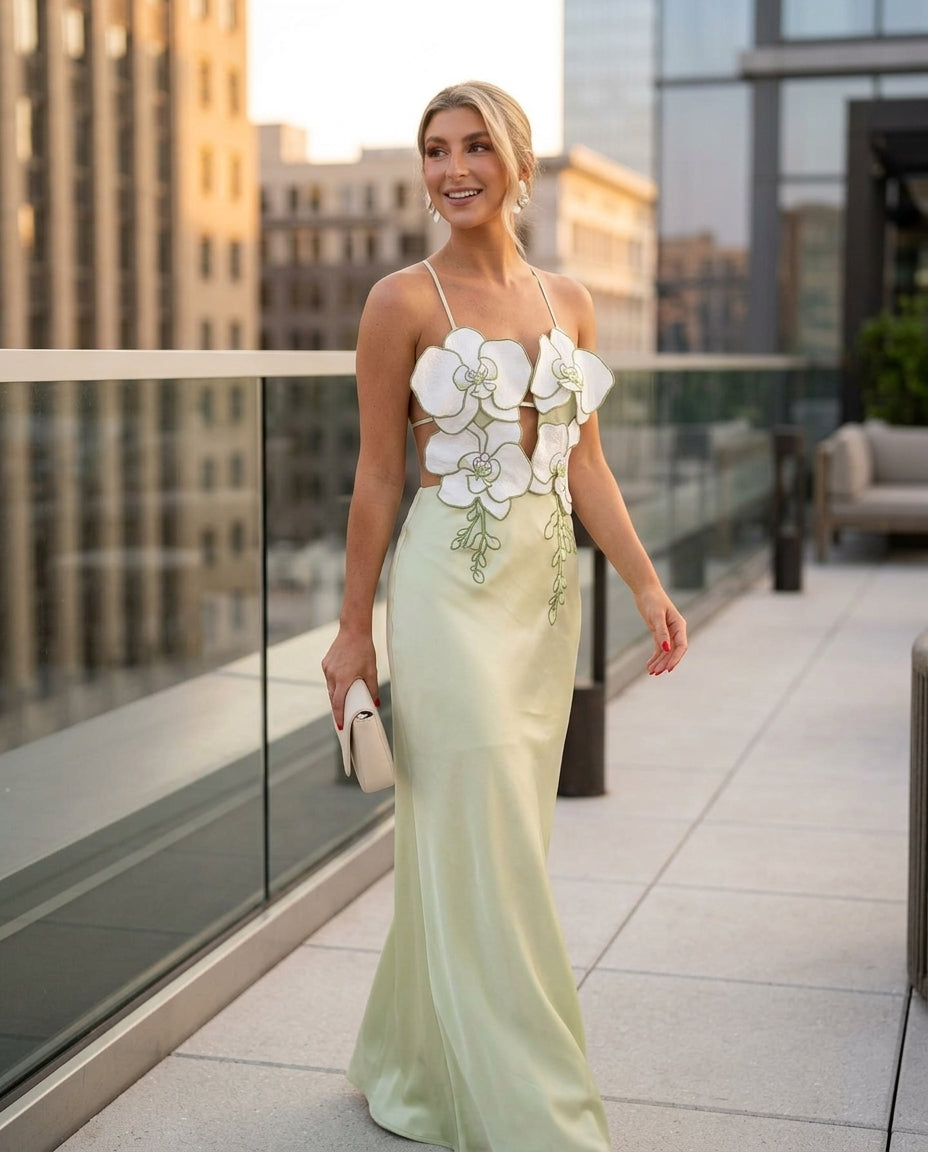 Light Green Allure Evening Floral Maxi Dress Light Green Maxi Dress with Relaxed Fit silhouette and Textured texture, outdoor styling image for Date Night, a rooftop dinner in LA, US Coastal Glam by Massicos