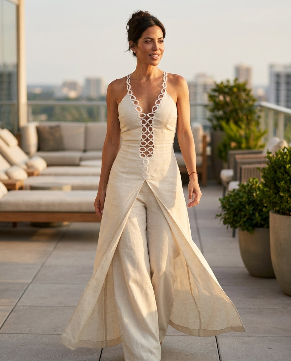 Ivory Glow Summer Linen Romper Ivory Romper with Wide-Leg silhouette and Linen Blend texture, outdoor styling image for Vacation Night, a Palm Springs weekend, US Coastal Glam by Massicos
