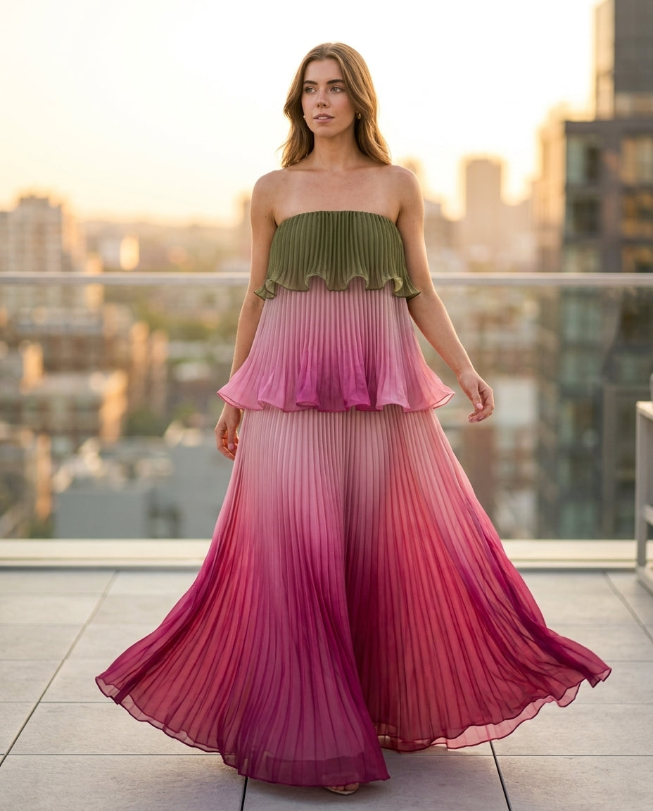 Pink Solace Summer Pleated Maxi Dress Pink Maxi Dress with Relaxed Fit silhouette and Textured texture, outdoor styling image for Garden Party, a polished coastal brunch, US East / Hamptons Elite by Massicos