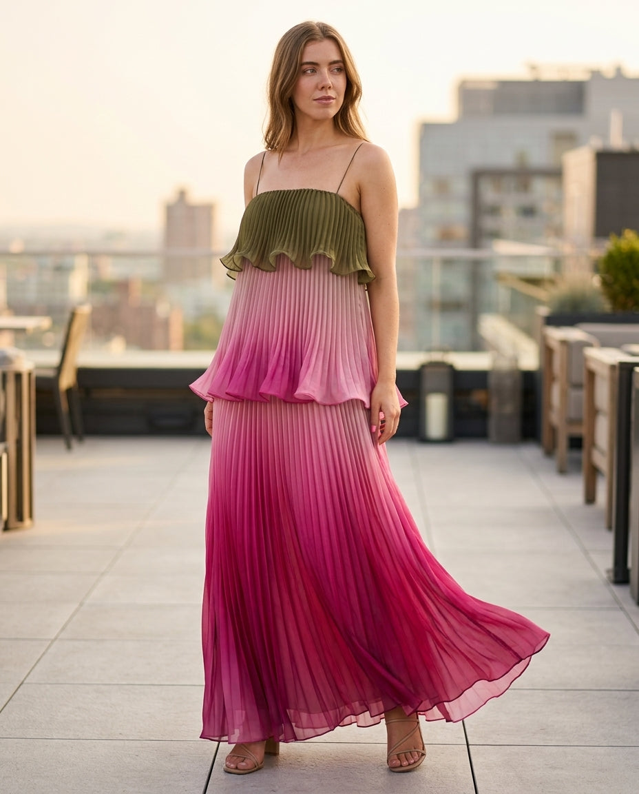 Pink Lustre Resort Pleated Maxi Dress Pink Maxi Dress with Asymmetric silhouette and Textured texture, outdoor styling image for Resort Wear, a gallery opening in Paris, Euro Chic Premium by Massicos