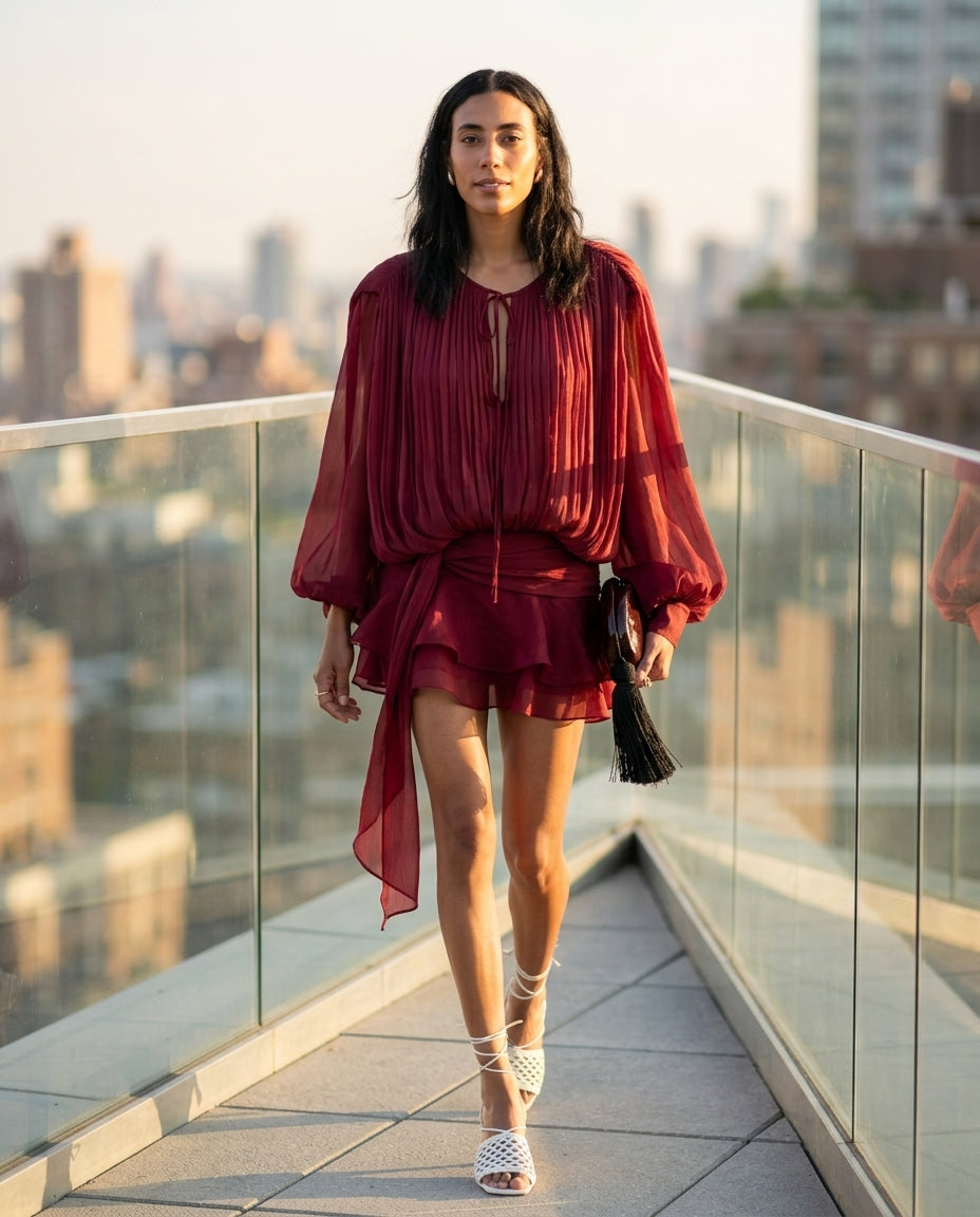 Burgundy Grace Evening Pleated Maxi Dress Burgundy Maxi Dress with Asymmetric silhouette and Textured texture, outdoor styling image for Date Night, Sunset in Malibu, US Coastal Glam by Massicos