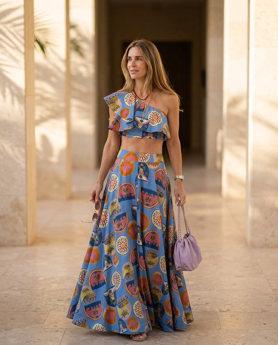 Blue Grace Summer Printed Two-Piece Set Blue Two-Piece Set with Asymmetric silhouette and Textured texture, outdoor styling image for Weekend Escape, a rooftop dinner in LA, US Coastal Glam by Massicos