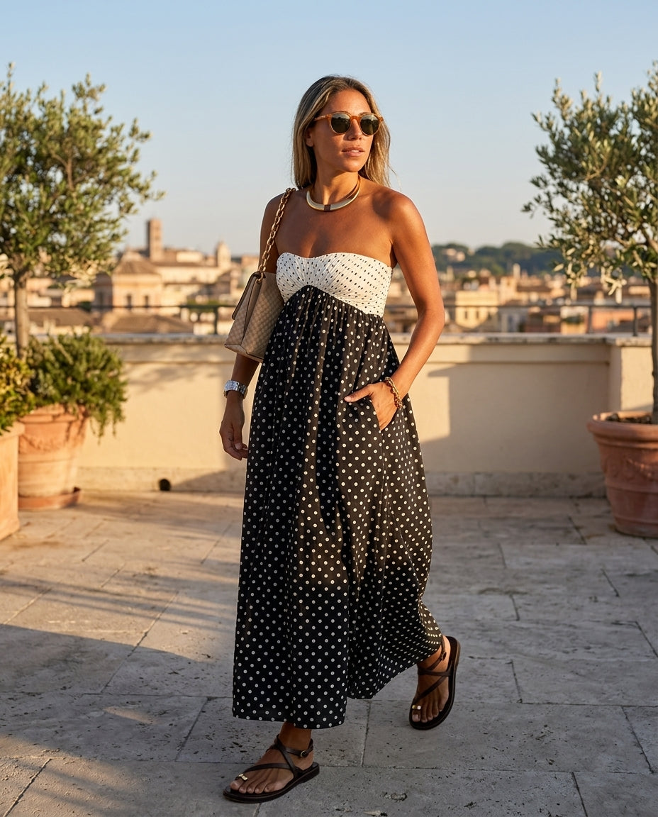 Black Velvet Resort Printed Maxi Dress Black Maxi Dress with Asymmetric silhouette and Textured texture, outdoor styling image for Resort Wear, Evening in Amalfi, Euro Chic Premium by Massicos