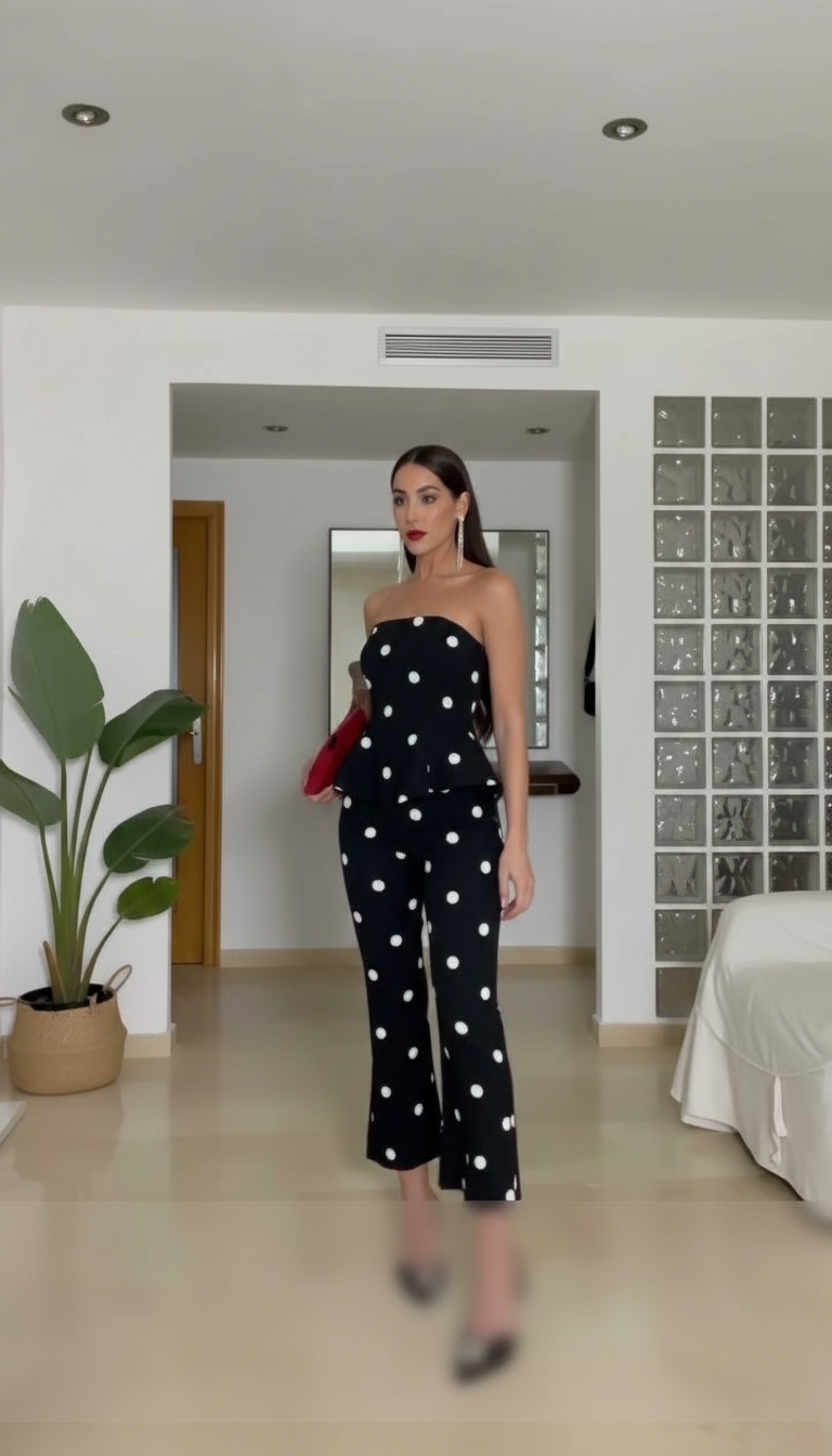 Black Polka Dot Print Cropped Peplum Top Pant Set product image 5