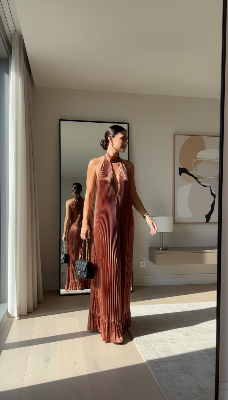 Copper Halter Pleated Satin Maxi Dress product image 5