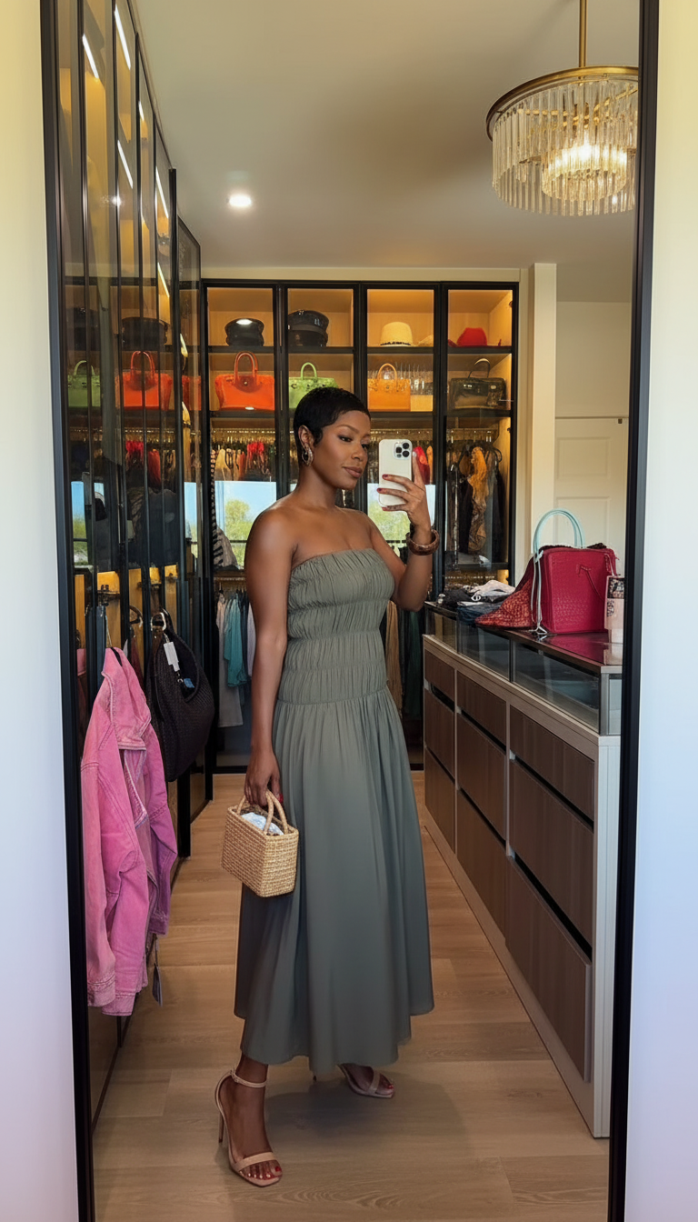 Olive Smocked Bodice Pockets Midi Dress product image 5