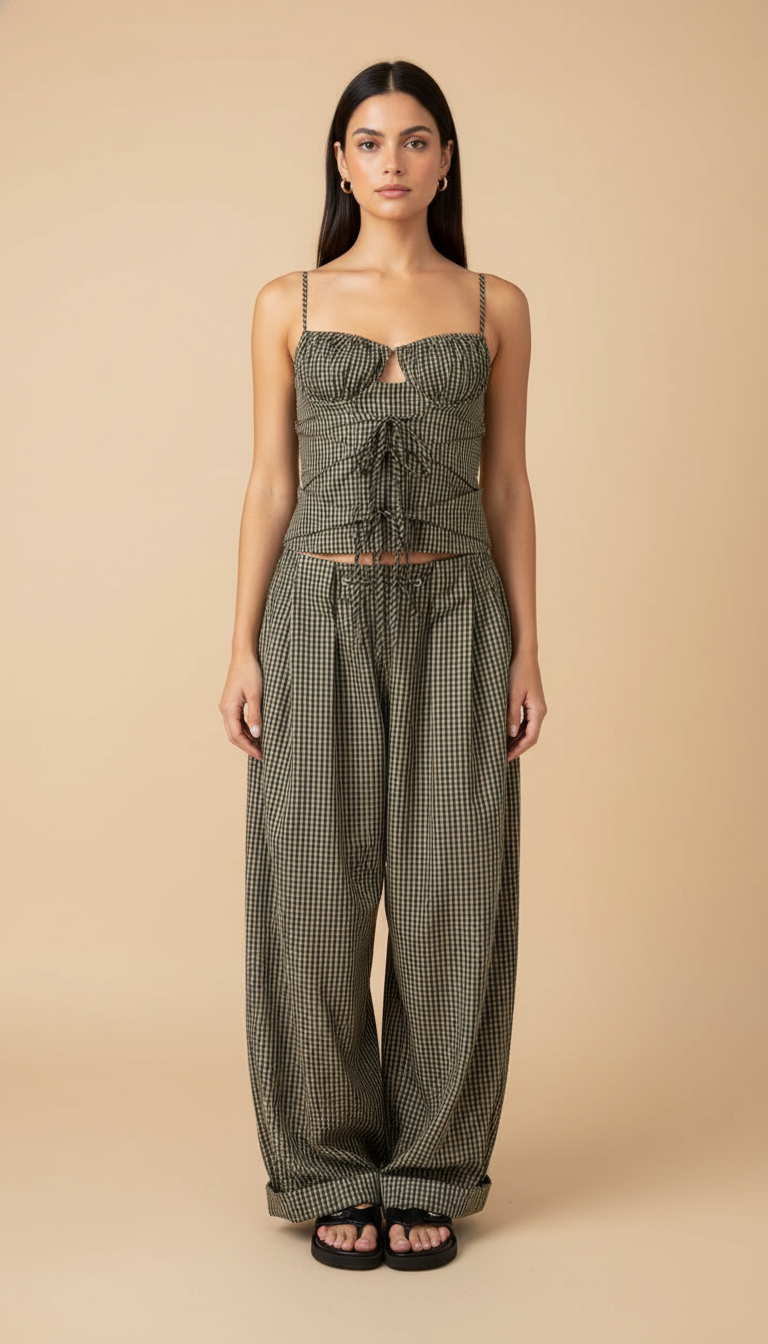 Black Gingham Print Wide-Leg Tie Front Pant Set product image 5