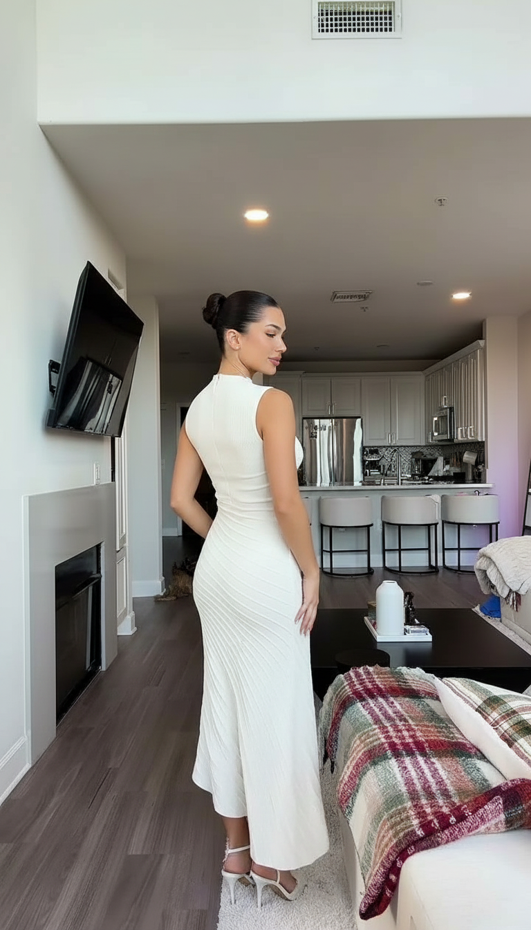 White Ribbed Texture Midi Dress product image 5